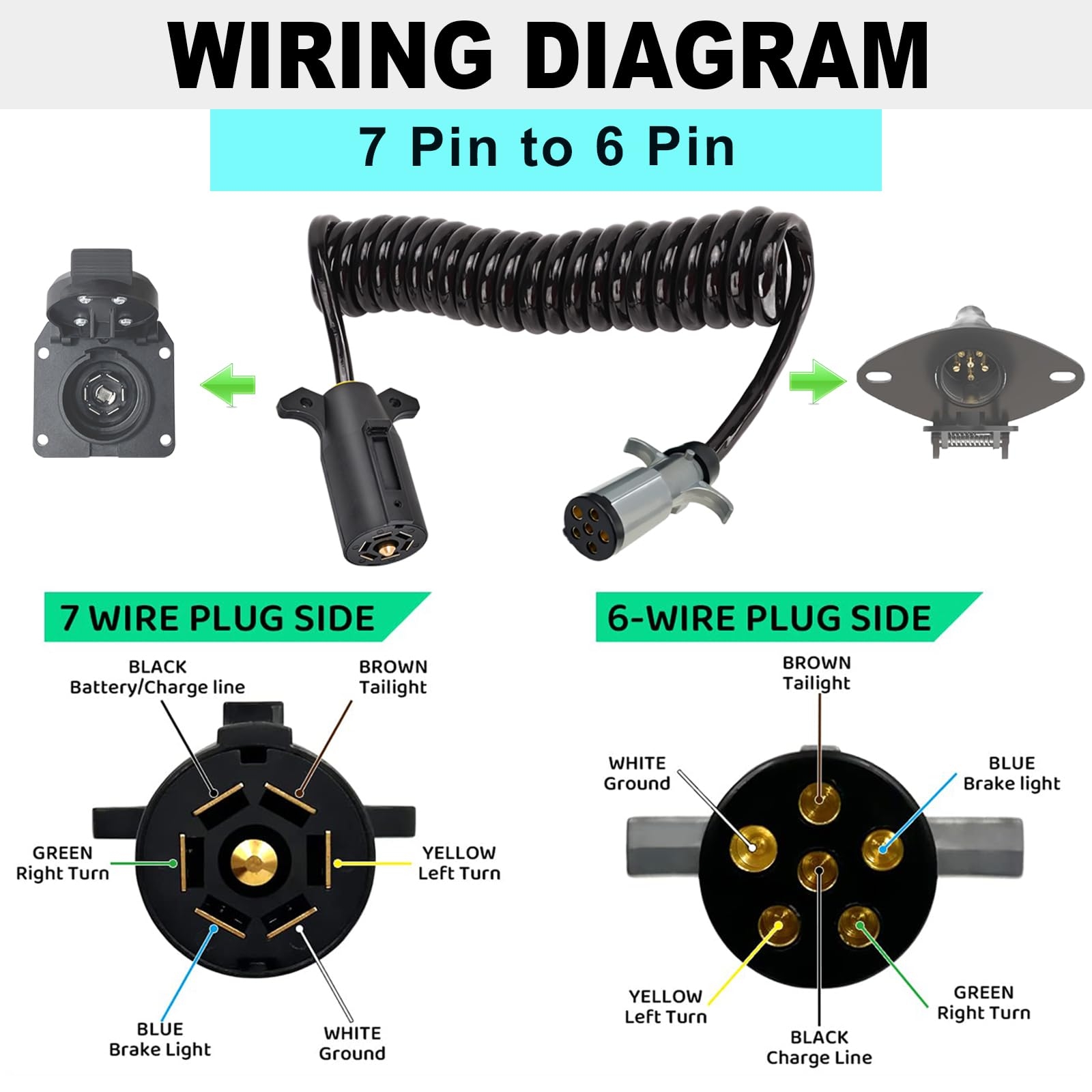 Amazon CXTM 7 Pin To 6 Pin Trailer Adapter Coiled Trailer Cord Stretches 8 Feet 7 Wire To 6 Wire Coiled Cable RV 7 To 6 Trailer Wiring Extension Cord Automotive
