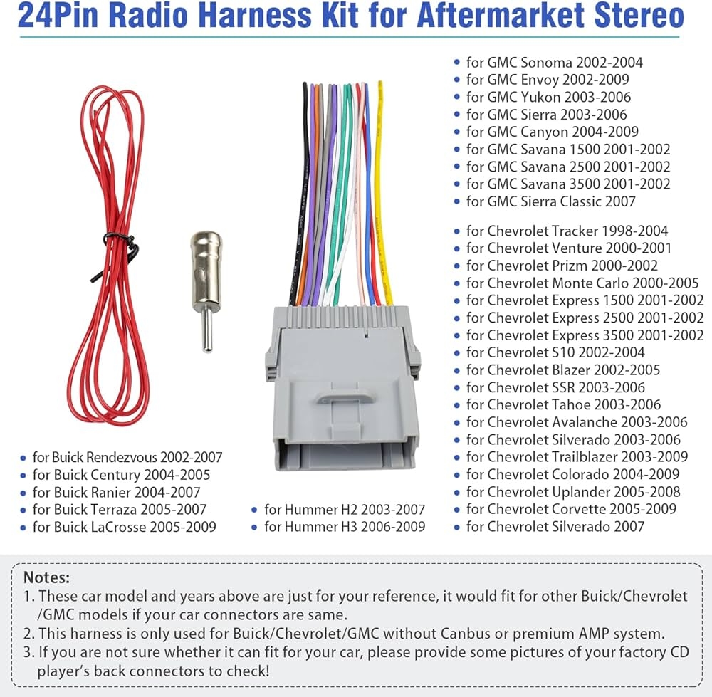Amazon Jayubien Radio Wiring Harness Antenna Adapter Compatible With Chevrolet Silverado Suburban Avalanche GMC Sierra Savana Buick 24Pin Car 