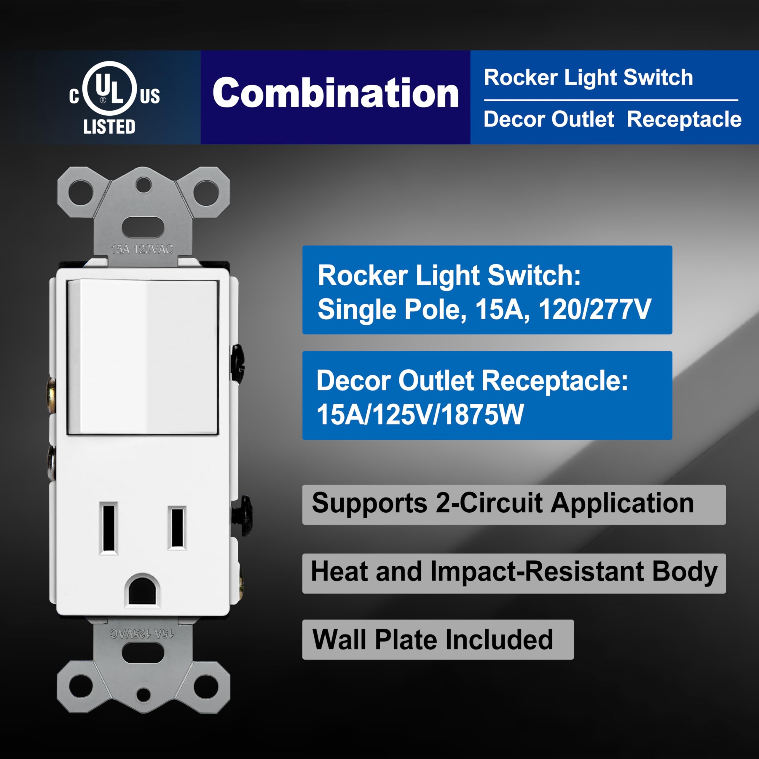 BESTTEN 2 Pack Combination Wall Light Switch And Decor Outlet Single Pole Rocker Switch 15A 120V Decorative Receptacle 15A 125V Combo Style Wallplate Included Side Wire UL Listed White Amazon