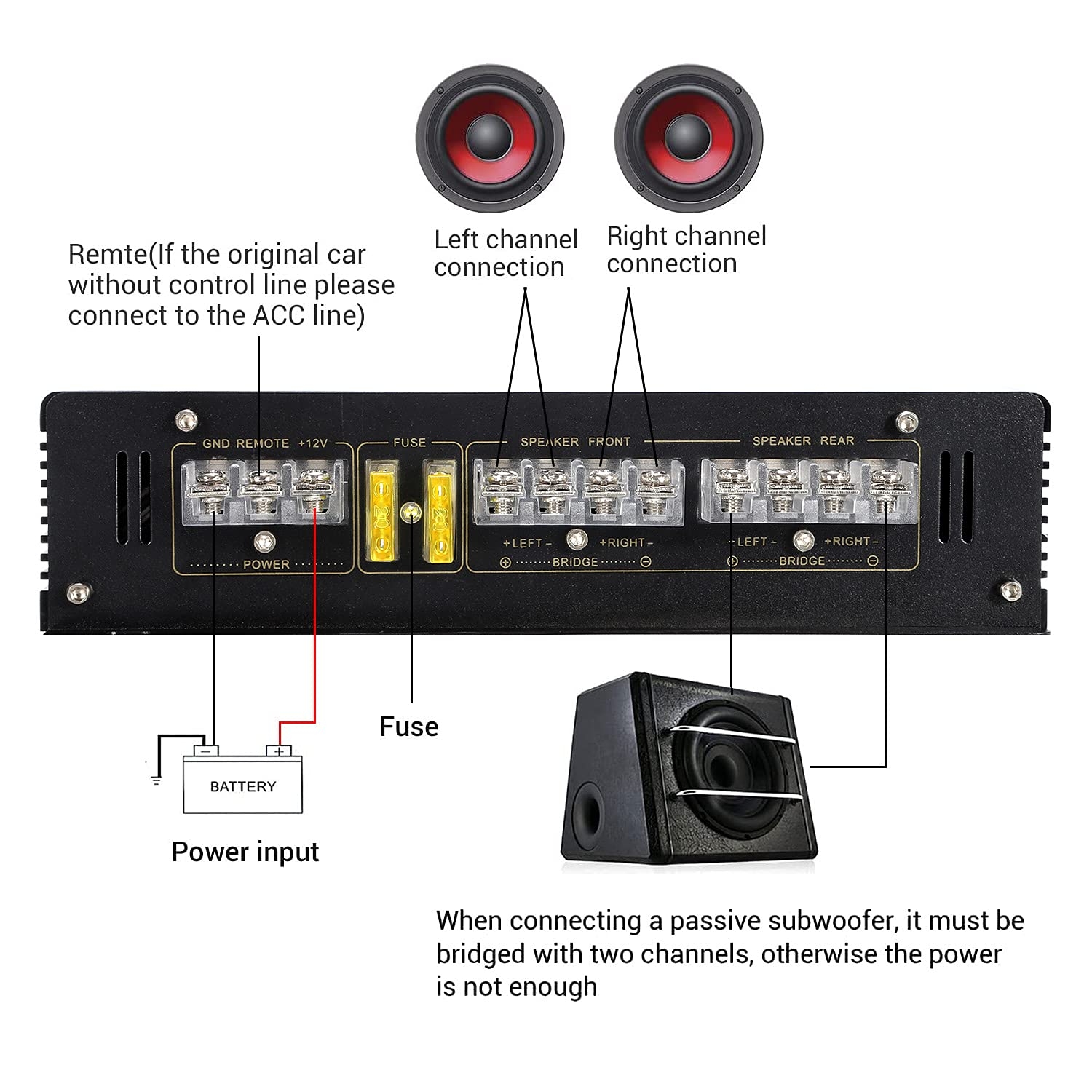 Facmogu KL628 1600W RMS Car Power Amplifier 6800W Max 4 CH High Power Truck Audio Amp 12V 4 Bridge Amplifier For Passive Subwoofer Class A B Vehicle Amplifier Super Bass For Car Stereo Speakers 