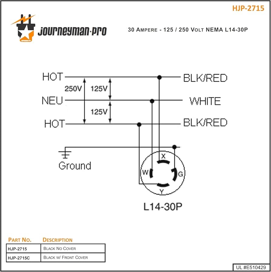 Journeyman Pro 2715 NEMA L14 30 Flanged Inlet Generator Plug 30A Journeyman Pro 2715 NEMA L14 30 Flanged Inlet Generator Plug 30A