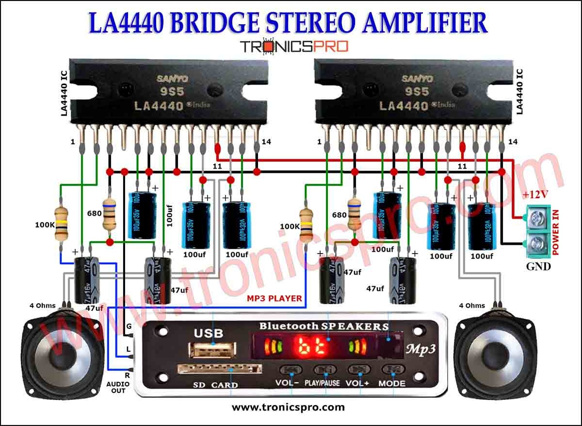 LA4440 Bridge Stereo Amplifier Circuit Diagram TRONICSpro
