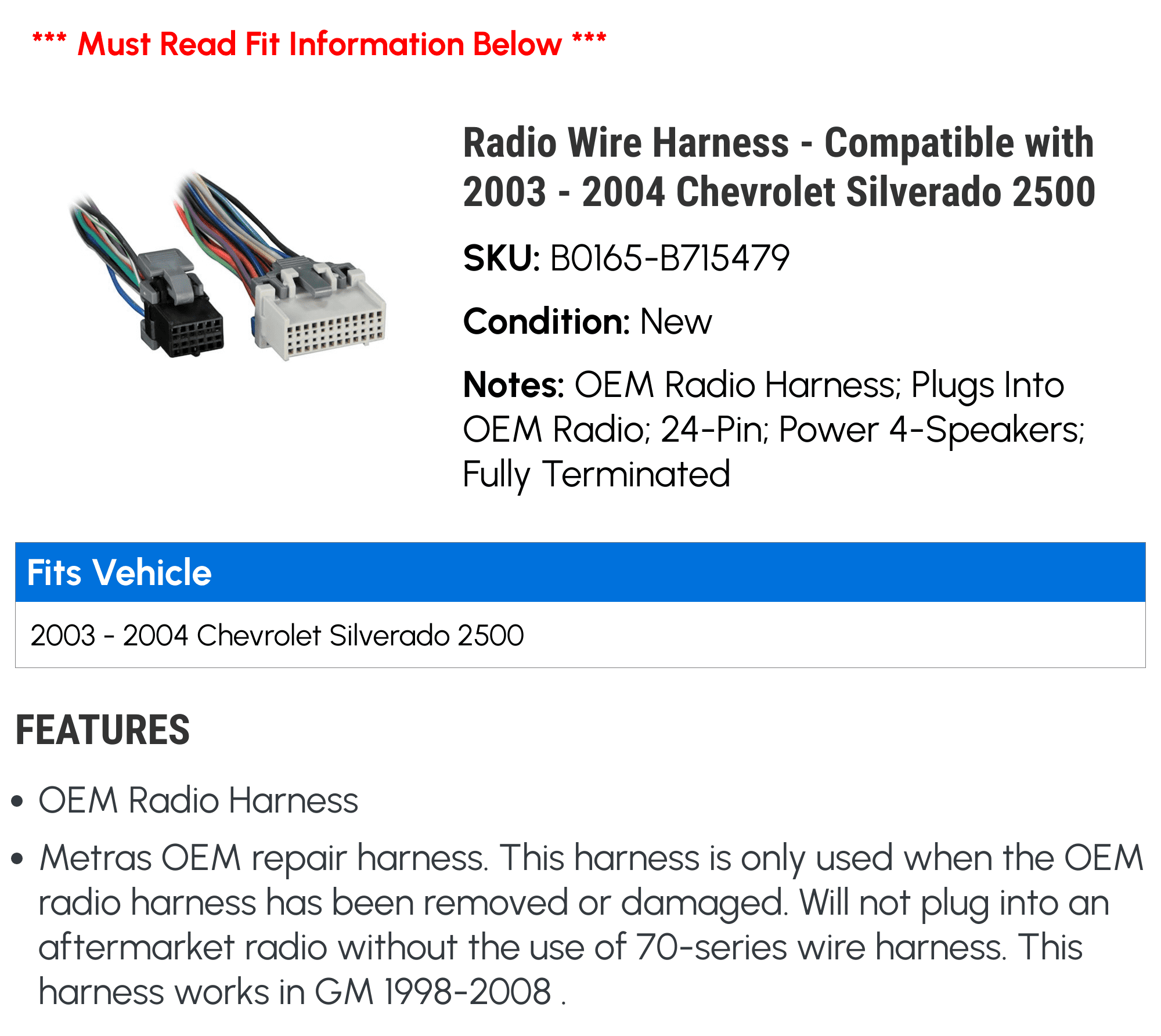 Radio Wire Harness Compatible With 2003 2004 Chevy Silverado 2500 Radio Wire Harness Compatible With 2003 2004 Chevy Silverado 2500