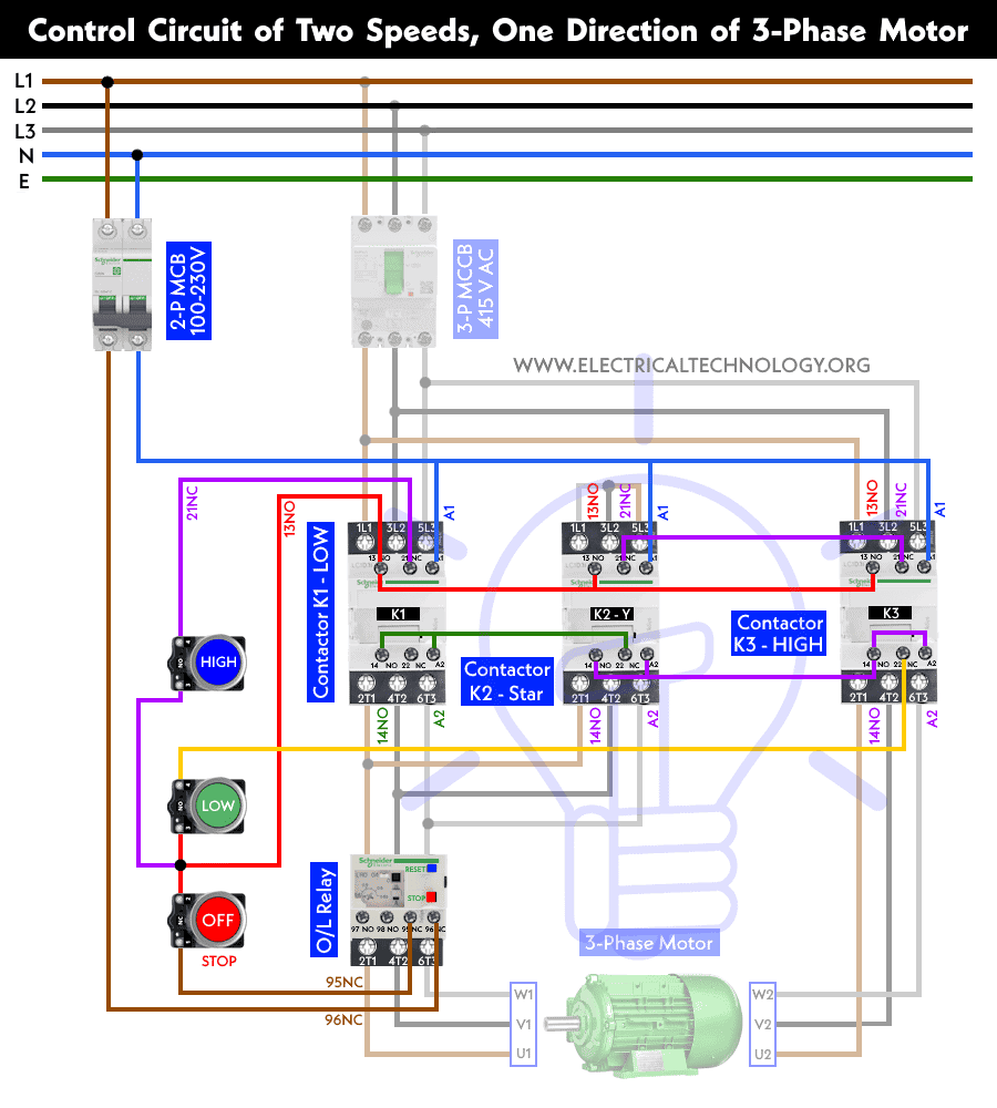 Two Speed One Direction Three Phase Motor Control Diagram